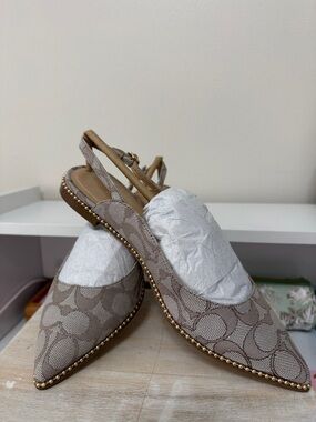 Coach beige jacquard Pointed-Toe Slingback Flats with Gold Stud Trim